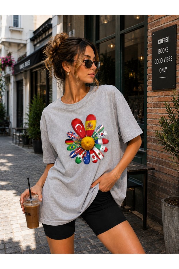 Unisex Printed Half Oversize T-Shirt Turkey World Flags Colorful Graphic Patterned Crew Neck Short Sleeve Casual T-Shirt