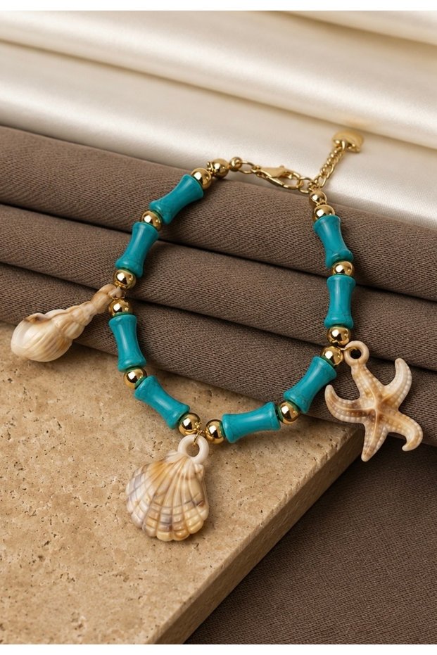 Turquoise Beaded Seashell Bracelet Gold Doric Sea Star Summer Bohemian Jewelry