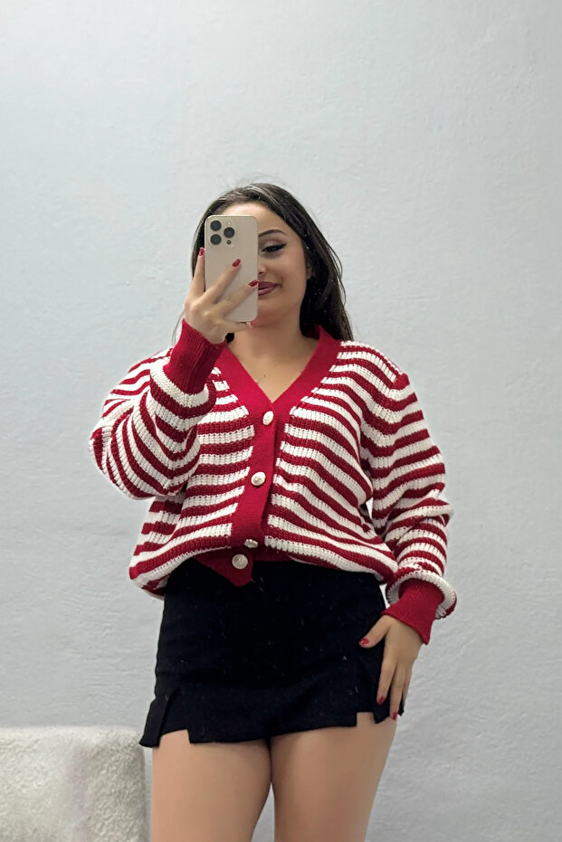 Women's V-Neck Striped Cardigan Red-Ecru