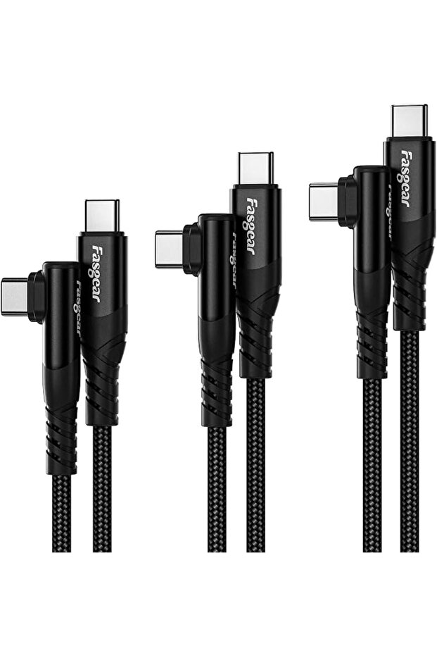 فاسجير كيبل USB C الى USB C، 3 عبوات 60 واط نوع C الى نوع C بزاوية قائمة 90 درجة، شاحن شحن سريع بي د