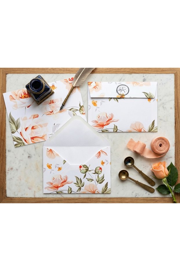 Orange Flower Themed Letter Envelope (25 Pieces)