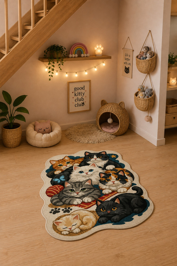 Asymmetrical Cat Figured Food Mat with Non-Slip Base, Washable, 60X90 cm