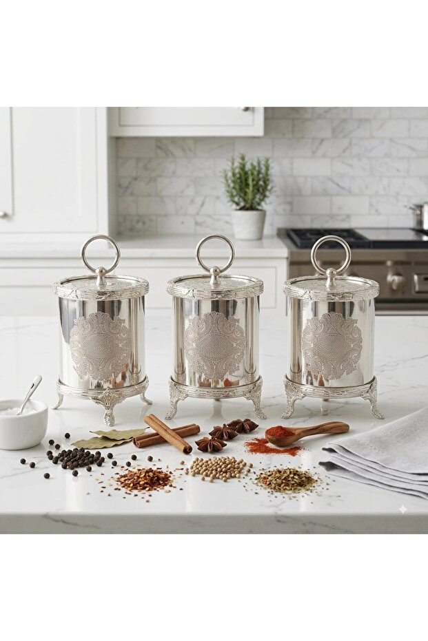 3-Piece Engraved Patterned Metal Spice Bowl Set Silver