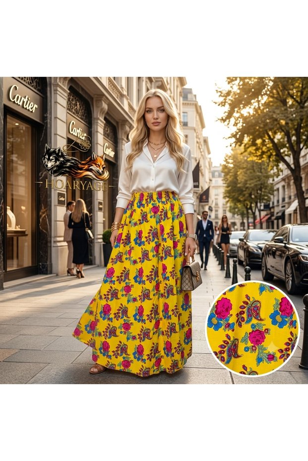 Elastic Waist, Vibrant Colored Patterned Viscose Printed Fabric Maxi Skirt, Prayer Skirt, Size 38, 100 kg