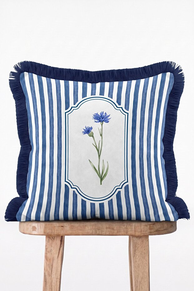 Retro Blue Striped Botanical Cornflower Patterned Fringed Throw Pillow Cover