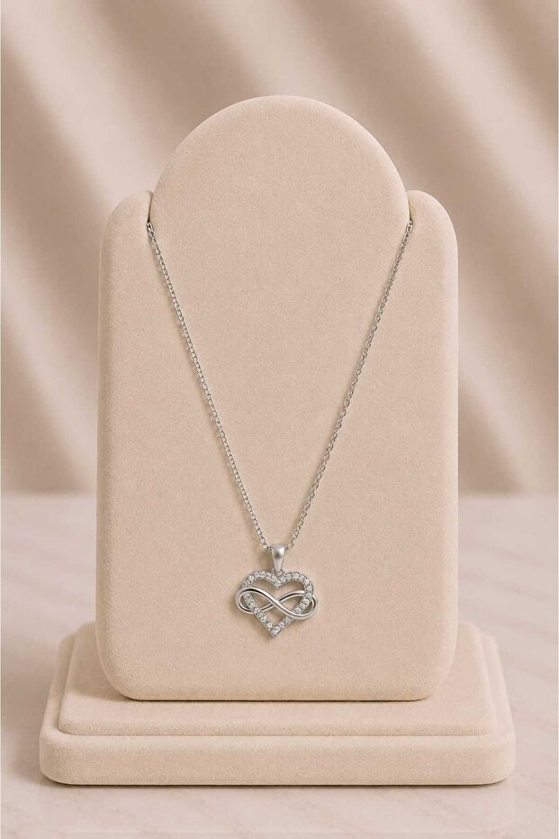 Silver Color Steel Necklace with Infinity Heart Figure and Stones
