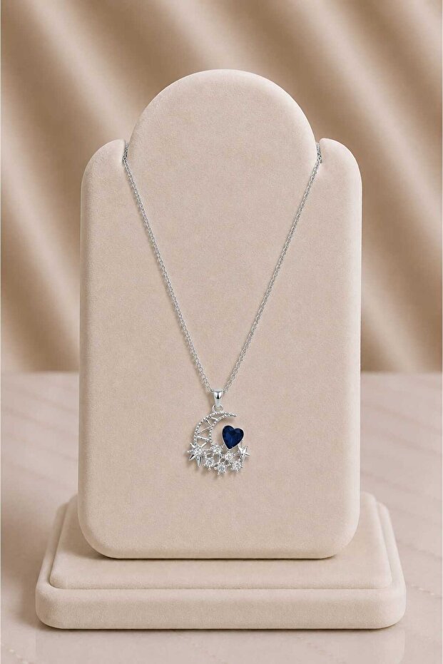 Silver Color Steel Necklace with Navy Blue Heart, Moon and Star Figures