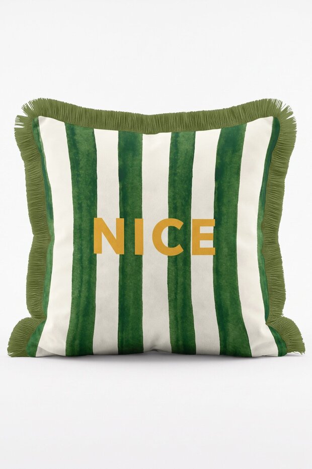 Nice Written Green Striped Fringed Throw Pillow Cover Mediterranean Themed Modern Home Decor