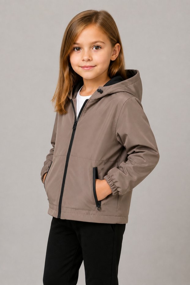 Girl's Mink Lined Hooded Waterproof and Windproof Zippered Seasonal Raincoat