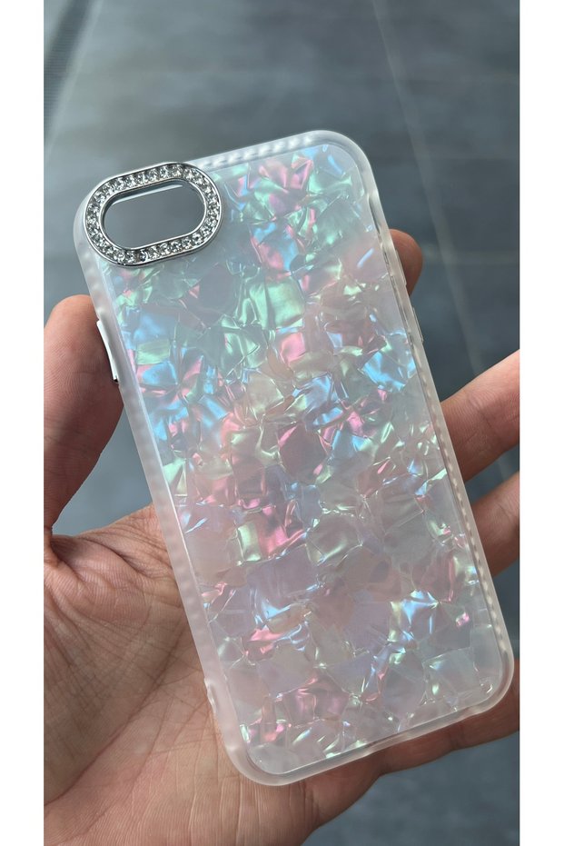 Compatible with iPhone 6 / 7 / 8 - Pearlescent Hologram Cover, Camera Frame Protective Case with Rhinestones