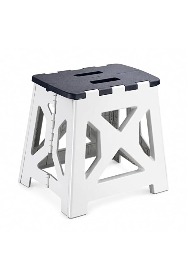 Foldable Step Stool, Plastic, White and Black, with Carry Handle and Anti-Slip Top, for Kitchen, Ba