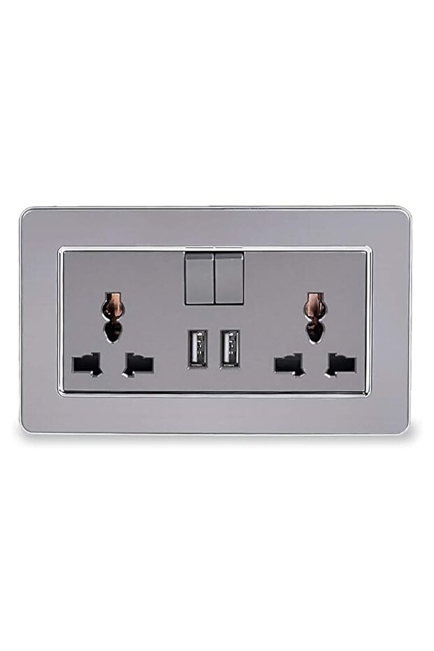Grey Double Electric Switched Socket with Dual USB Charge Port 2 Gang 13A Output 2.1A Wall Switch P