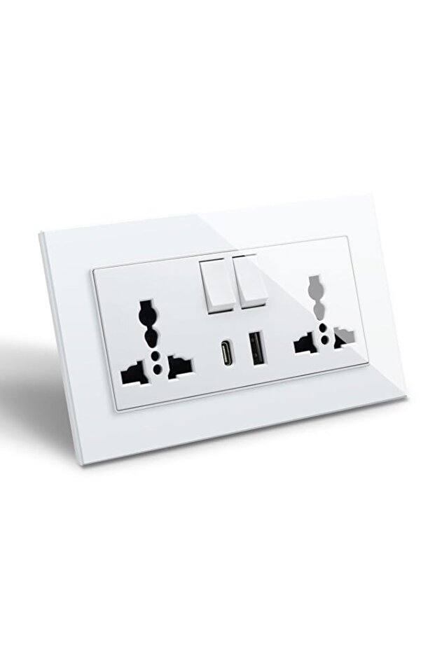 BSEED Double Switched Universal Wall Socket with USB C & USB A - 2 Gang White, Multifunctional Wall