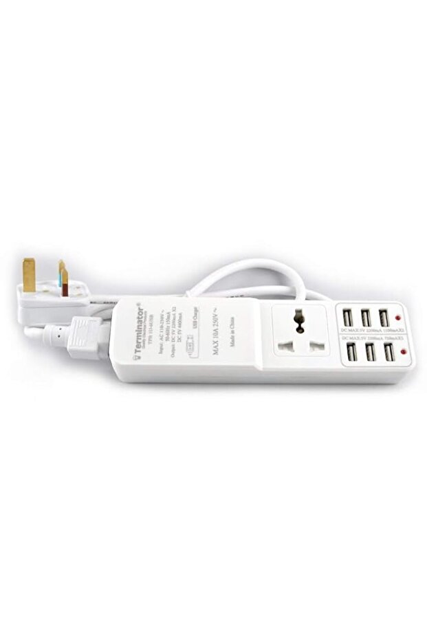 Terminator 1 Way Universal Extension Socket 6 Usb Ports Dc 5V 4400Ma 2M Detachable Cable 13A Plug M