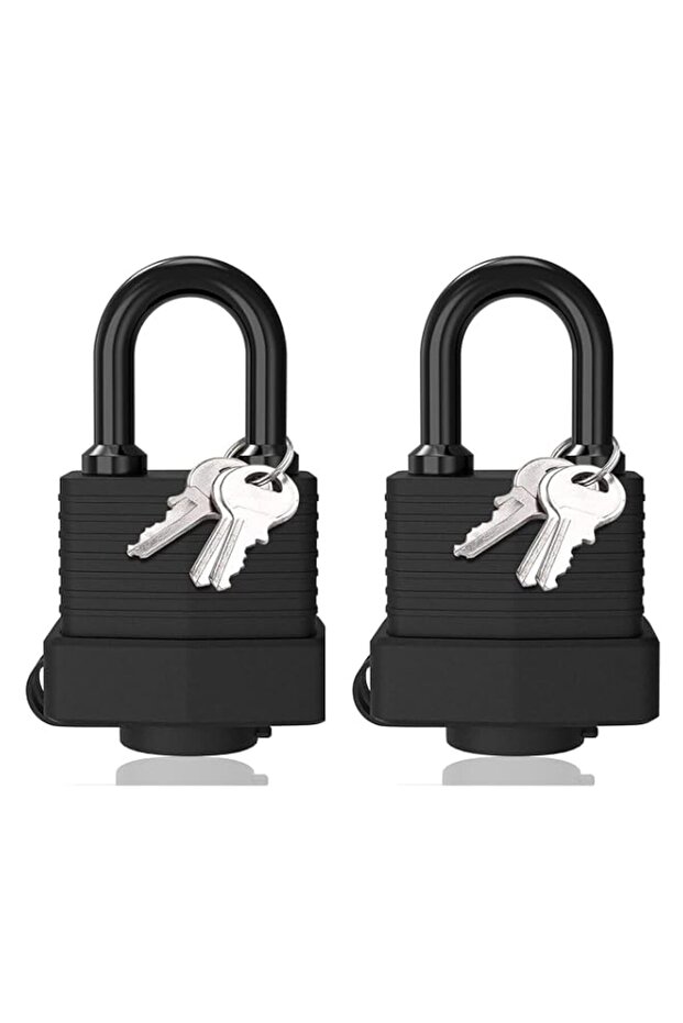 Padlock with Key, 2 Pack, 3 Keys, Black, Weatherproof, Waterproof, Heavy Duty, Anti-Cut, Laminated