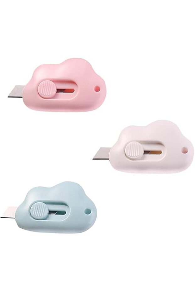 Cute Retractable Box Cutters, 3 Pack Utility Knife, Pink Blue White, Self-Retracting Safety Razor K
