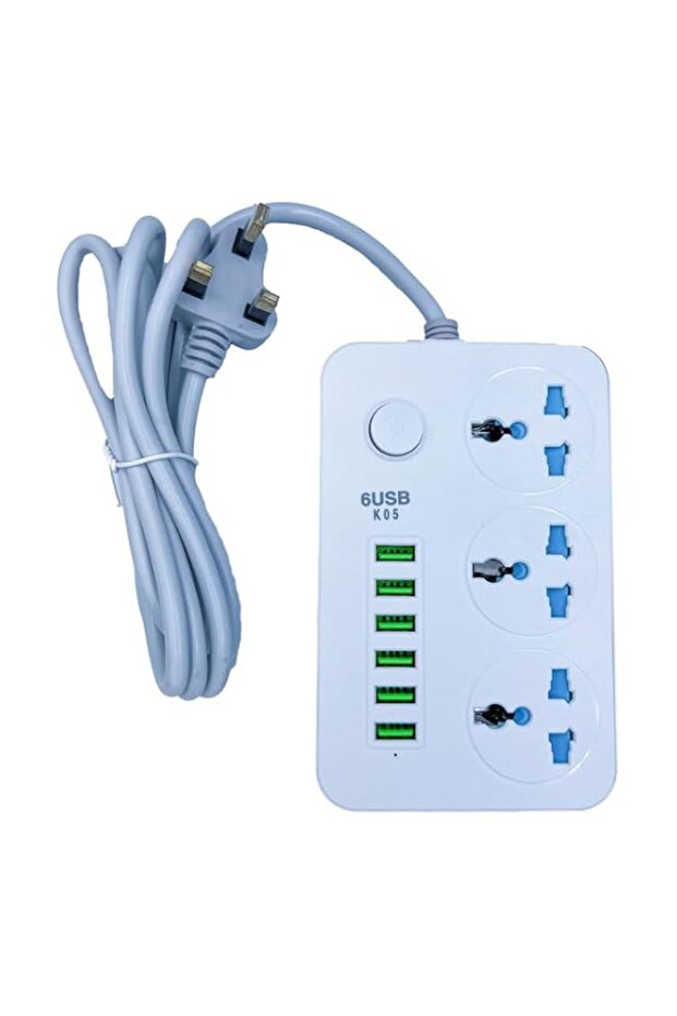 Power Socket Extension Cord with 3 Outlets & 2 Meters wire Bold Cord with 6-Port USB-White
