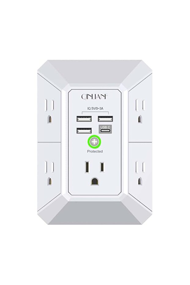 USB Wall Charger, Surge Protector, QINLIANF 5 Outlet Extender with 4 USB Charging Ports (4.8A Total
