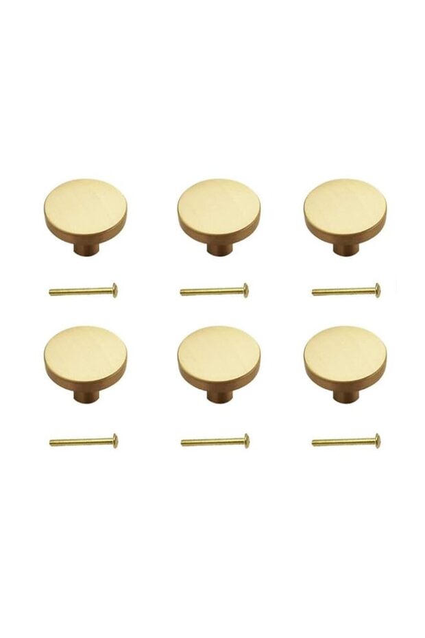 Round Cabinet Knobs, Brushed Brass Finish, Flat Top Design, 6 Pack with Screws