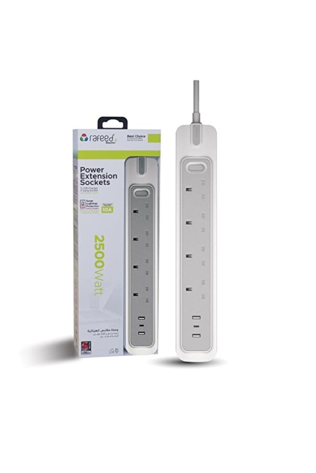 Power Extension 13A from Rafeed - 4 Gang, Extension Cord Cable with 3 USB Ports (2 USB-A + 1 USB-C)