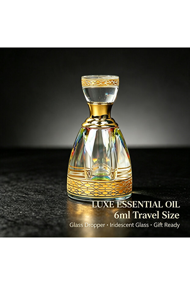 Arabian Style Luxury Glass Attar Perfume Bottle with Gold Diamond Pattern Metal Trim. Elegant Empty Refillable Vessel for Oud, Musk, Essential Oil, Fragrance Mist. For Middle Eastern Perfume Lovers.