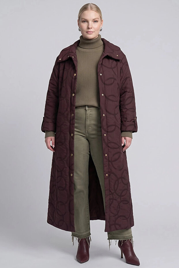 Wide Collar Quilted Giy Çık Dark Burgundy