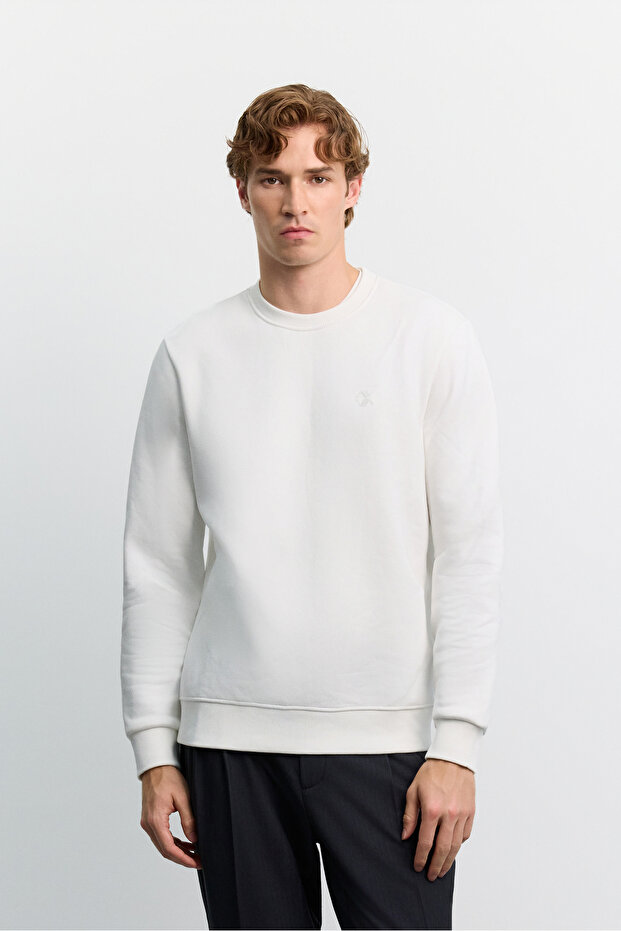 Men's White Crew Neck Injection Printed 3 Thread Raised Sweatshirt A62Y1291