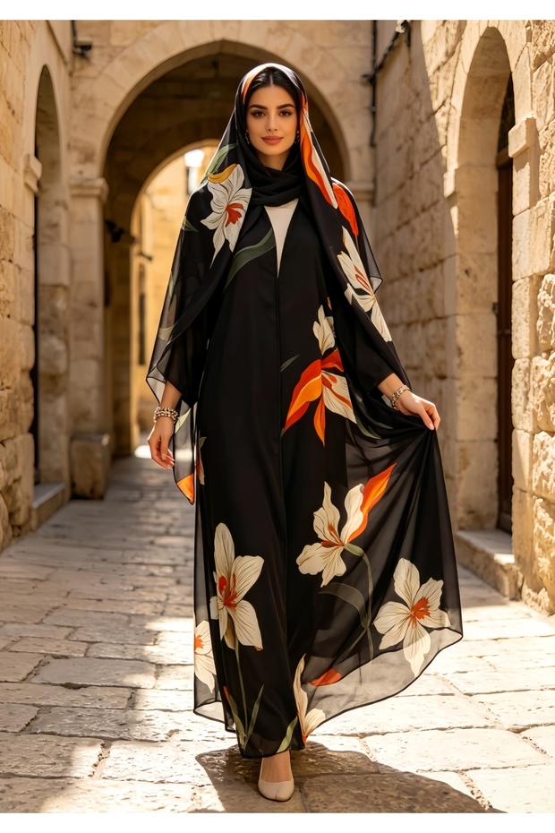 Printed Cardigan Jacket, Fashionable Abaya Robe with Headscarf