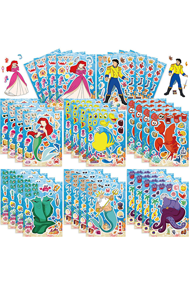 8Sheets 8/16sheets Cute Disney The Little Mermaid Cartoon Puzzle Stickers Make A Face DIY Funny Asse