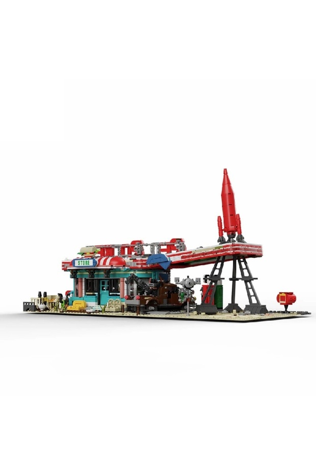 with box Movie Game Red Abandoned Gas Station Architecture Doomsday House Modular Building Blocks Mo