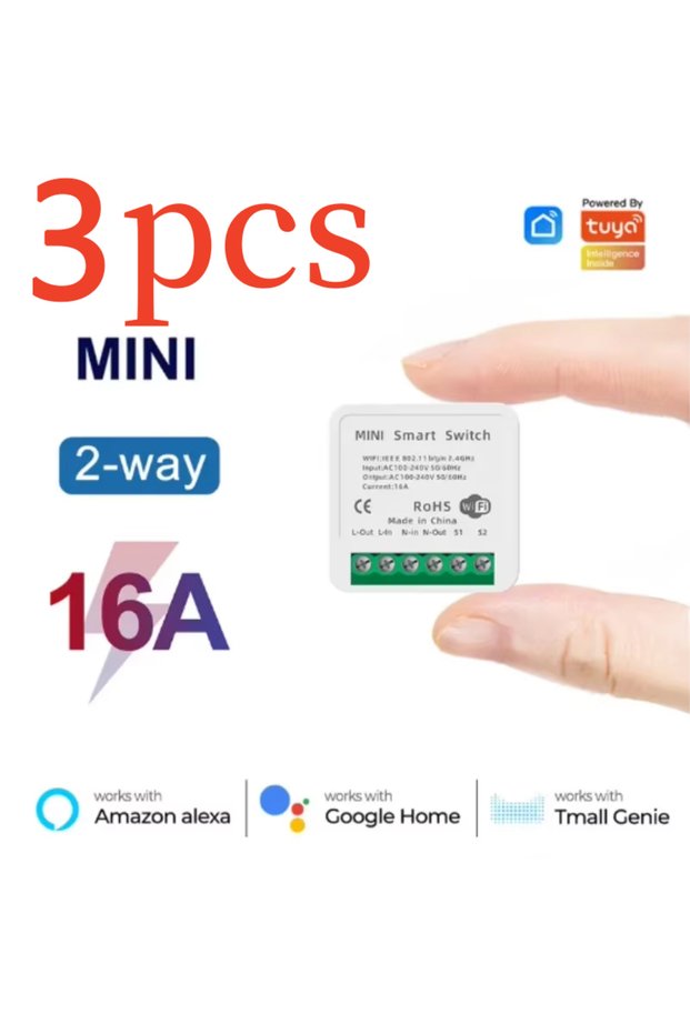 3PCS WiFi Smart Switch 16A Module 2-way Control Mini Switch Breaker Works With Tuya Smart Life APP