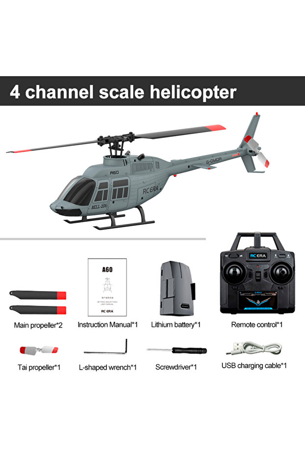 Grey 1 Battery RC ERA A60 4CH Helicopter 1/42 Scale BELL-206 Optical Flow Positioning 10min Fly Time