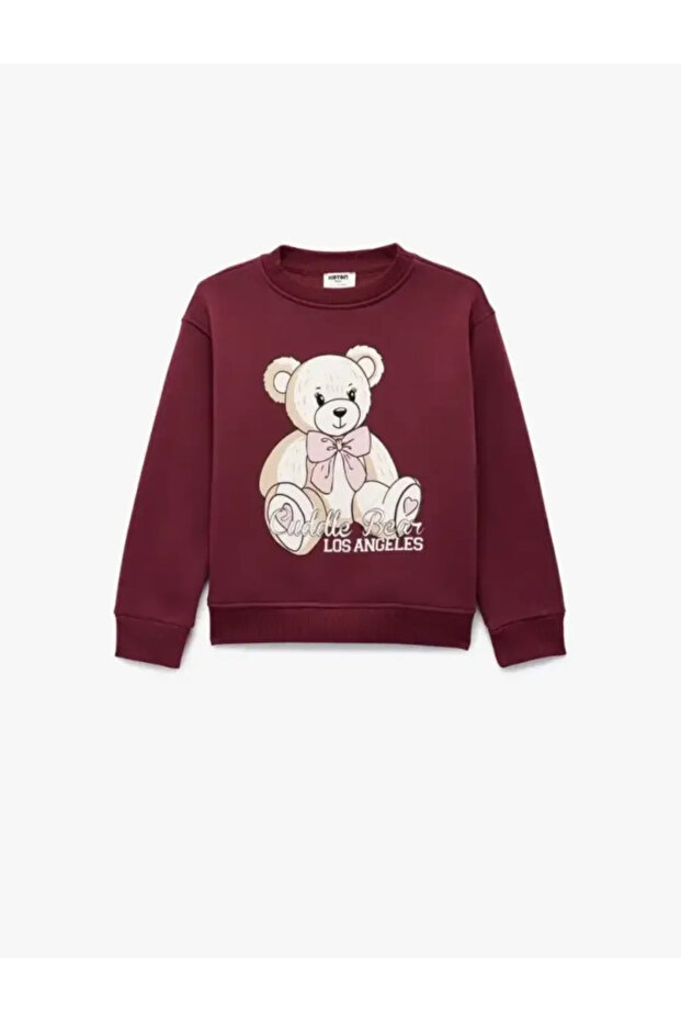 Teddy Bear Printed Long Sleeve Crew Neck Raised Sweatshirt