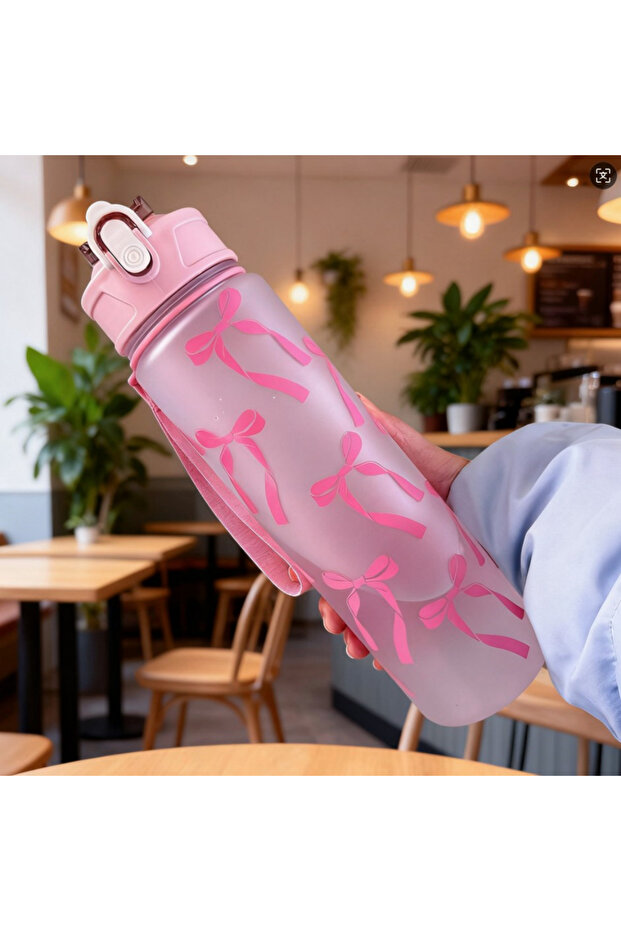 750ML Pink Water Bottle with Full Print of Flowers and Bowknot Patterns, Trendy & Stylish, Lightweig