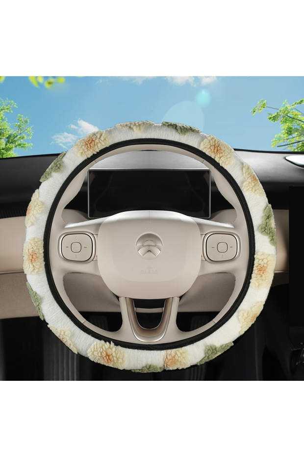 Yellow Flower Shaped Car Steering Wheel Cover with Plush Three-Dimensional Pattern Elastic and Elast