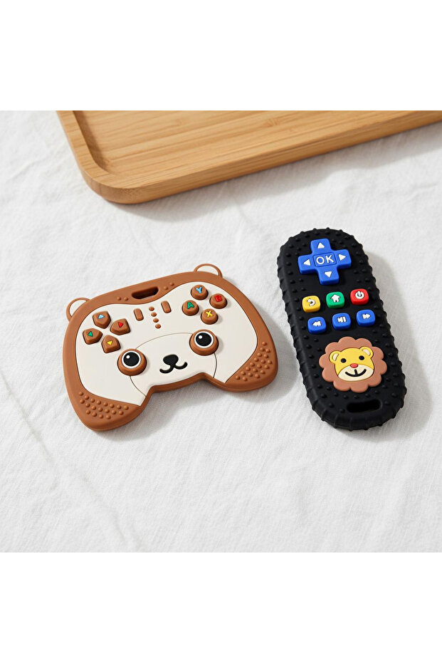 brown -black 2Pcs Baby Teething Toys for 0-6 6-12 Months Silicone Bear Game Controller & Lion Teethe