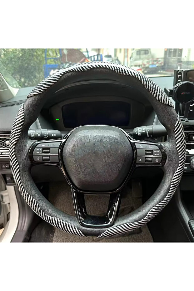 3PCS Silver 3PCS Laser Carbon Fiber Silicone Car Steering Wheel Cover 1K Micro Fiber Leather PVC Whe