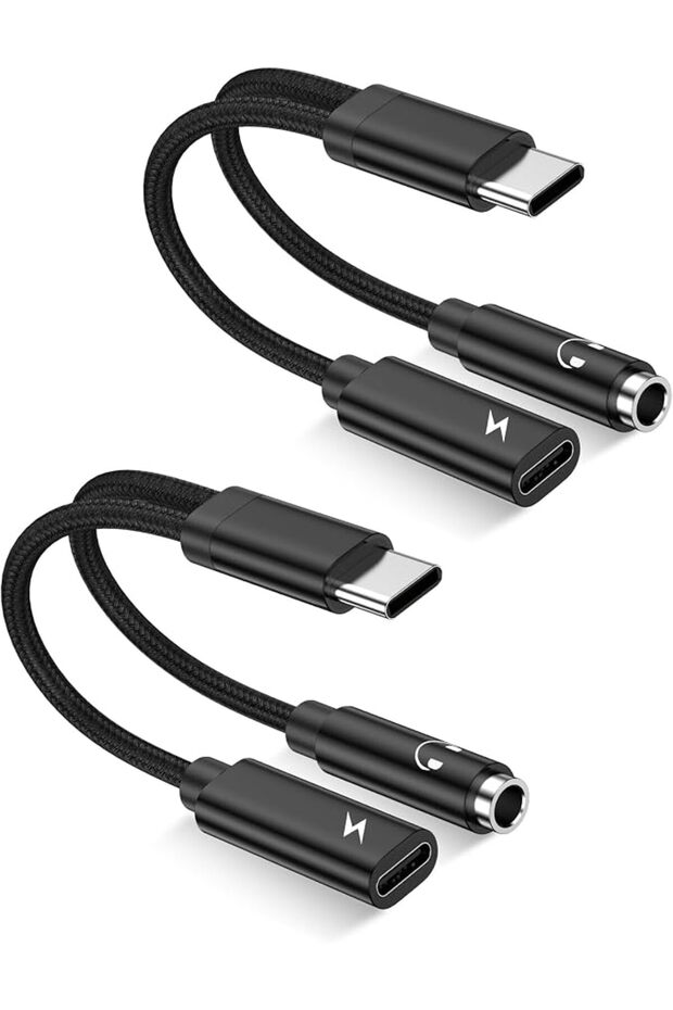 محول دونجل اندرويد 2 في 1 USB نوع سي الى 3.5 ملم ايه يو اكس للشحن السريع من النوع سي الى سي من قطعتي