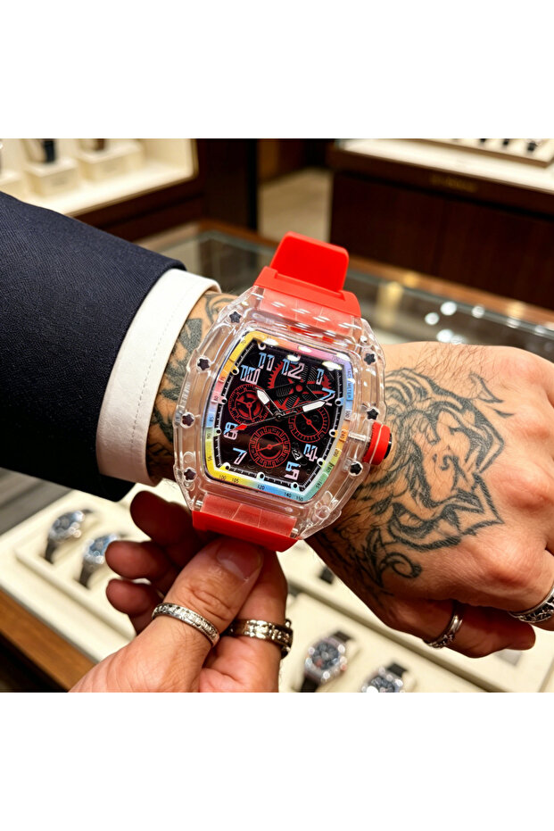 Red Men's High-End Barrel-Shaped Transparent Quartz Watch, Trendy Rainbow Dial Waterproof Wristwatch