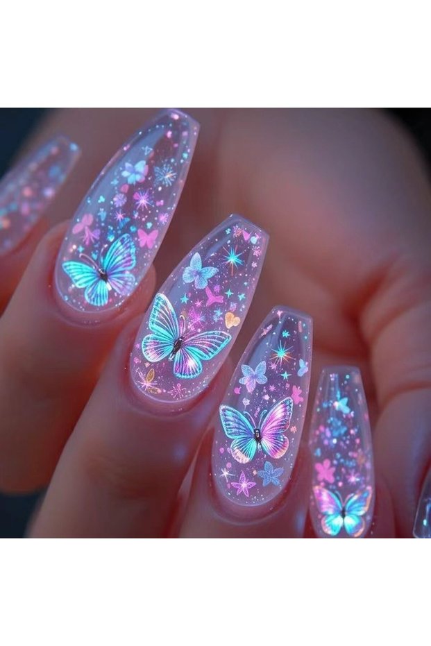 4650 Medium fake naisl for women girls Y2K gradient blue pink butterfly mushroom flora for spring su