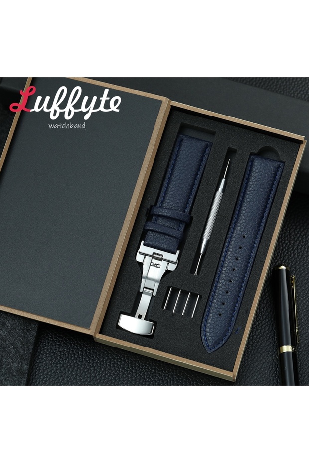 22mm Blue Litchi Grain Leather Watchband with Gift Box Fashion Replacement Band 18mm 20mm 22mm Butte