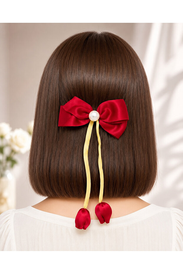 Red Color Pearl Bow Automatic Buckle