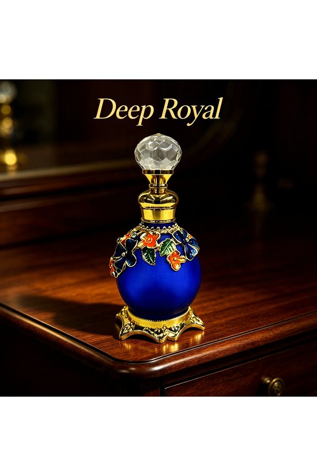 15ml Vintage Arabian Style Empty Perfume Oil Bottle, Refillable Glass Essential Oil Dispenser with Gold Metal Floral Decoration & Crystal Stopper. Portable Bottle for Attar, Oils & Fragrance.