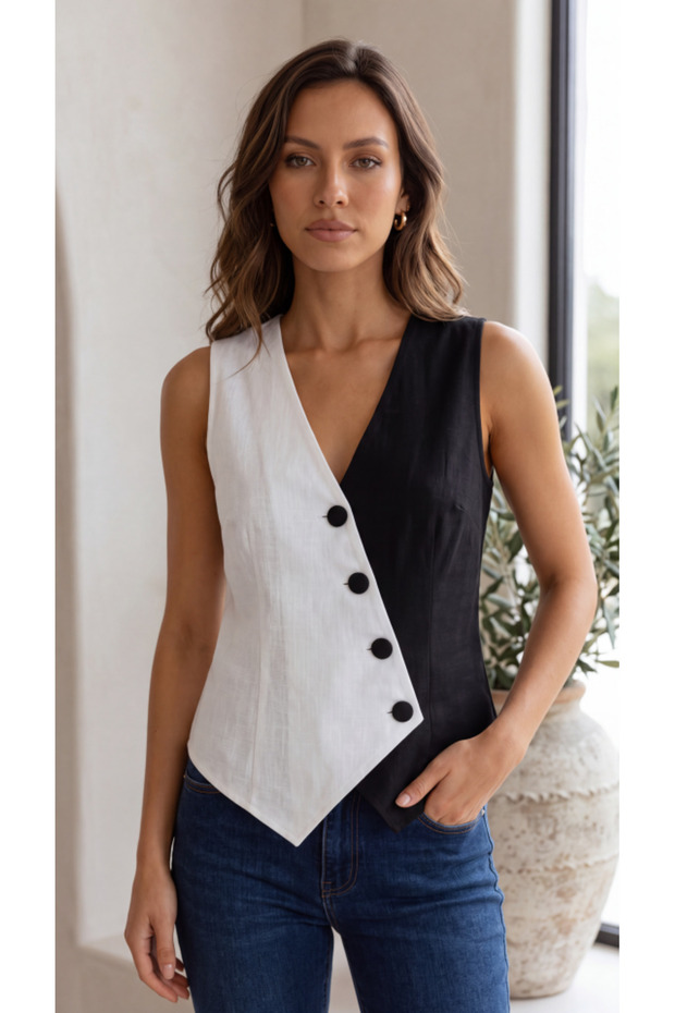 Women's Zero Sleeve V-Neck Buttoned Colorblock Atlas Vest