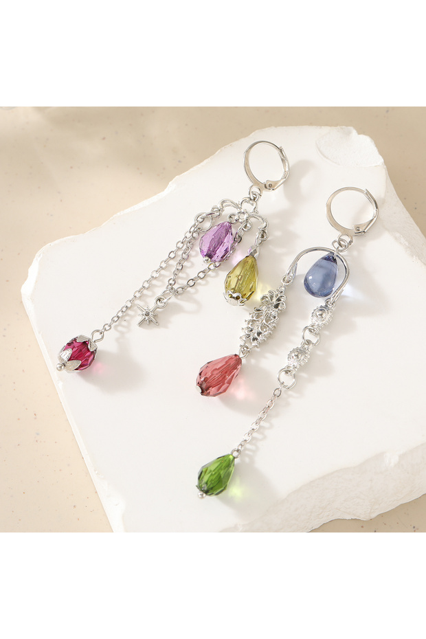 Steel color Bohemian Style Asymmetrical Multicolor Teardrop Artificial Gem Pendant Women's Earrings,