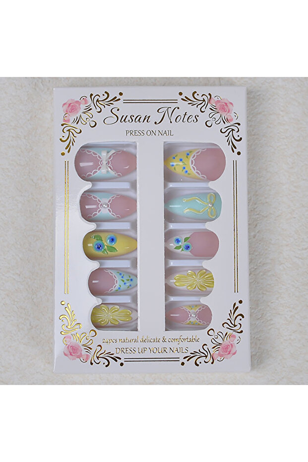 1 Y2K 24Pcs Blueberry French Tip Press On Nails Short Almond Shape 3D Lemon Bow Reusable Acrylic Fa.