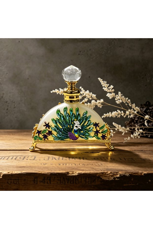 20ml Luxury Empty Perfume Bottle, Peacock Motif, Vintage Style, Gold Metal Base, Frosted Glass Body, Crystal Stopper, Decorative Vessel for Oils & Perfumes, Home Accent Storage, 9cm, 161g