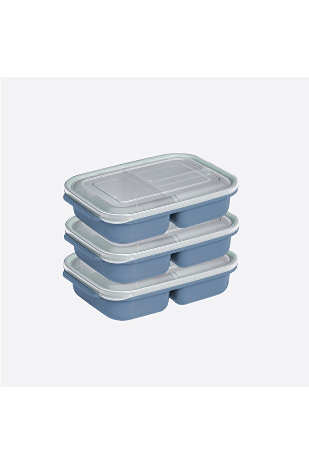 Set of 3 Food Storage Containers with 3 Compartments for Children, Blue, Microwave and Refrigerator Compatible