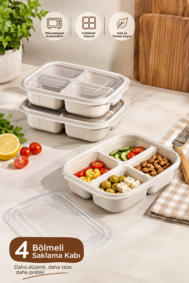 4-Compartment Food Storage Container Ecru Microwave Safe Food Storage and Meal Container with Lid