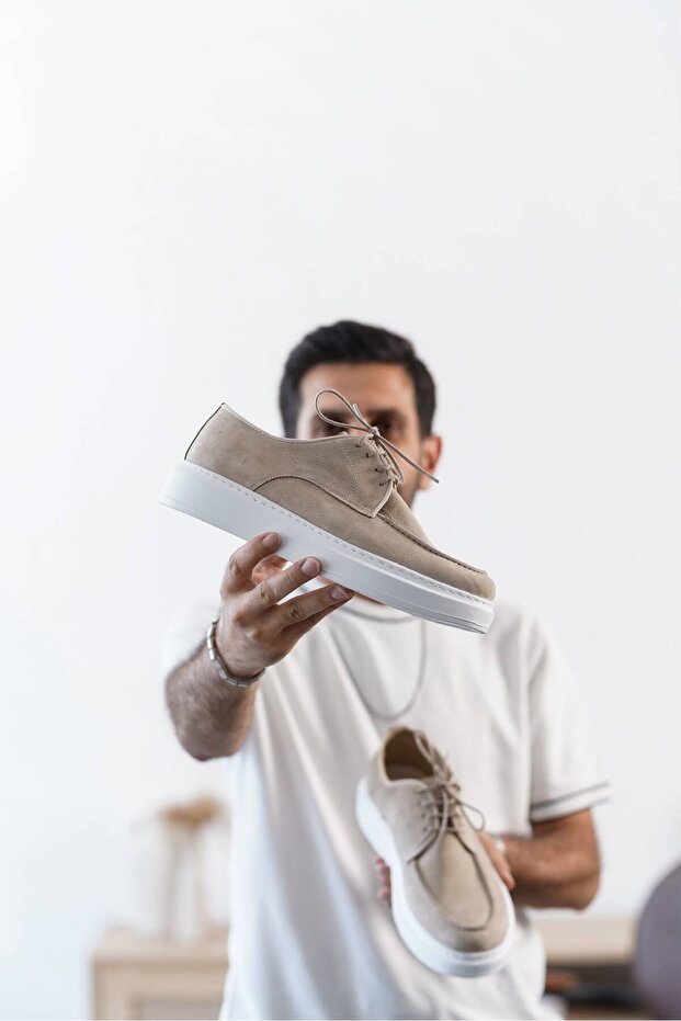 Kb-E8 Beige Leather White Sole Casual Men's Shoes